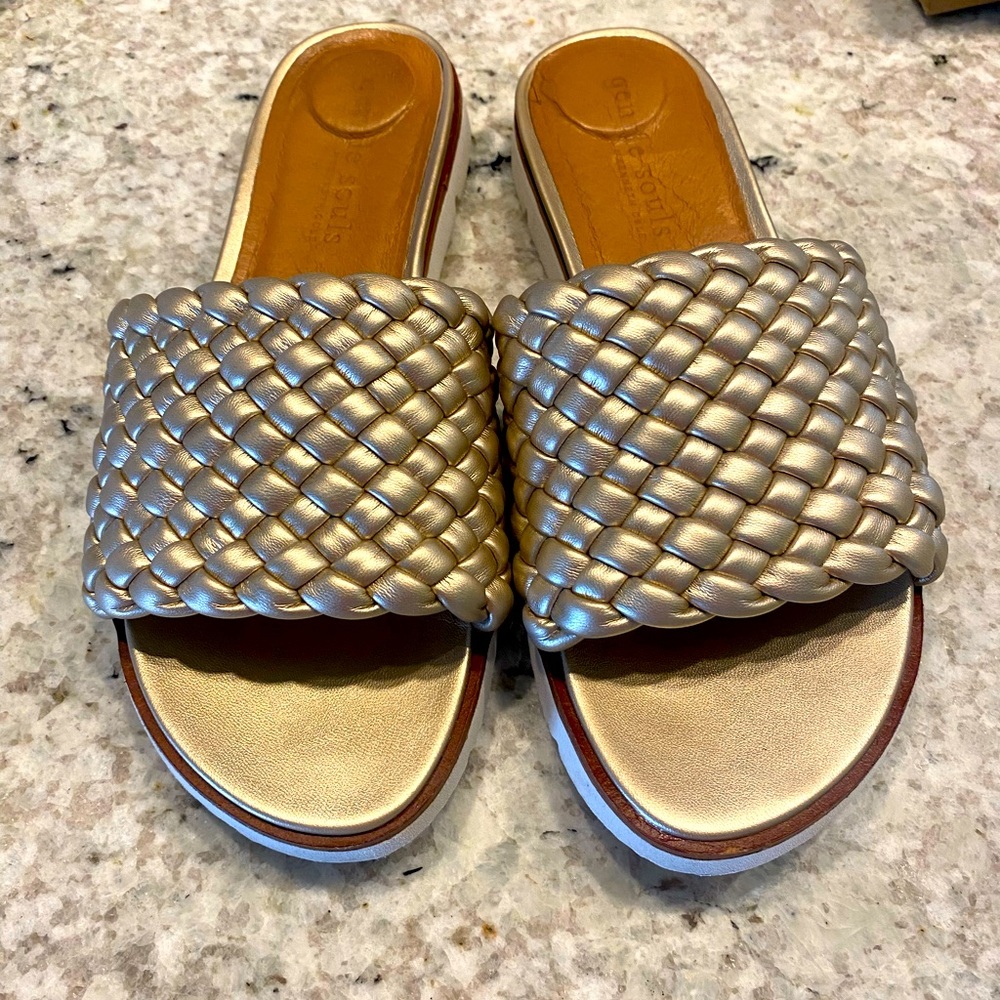Gentle Souls Gold Woven Slide Sandals